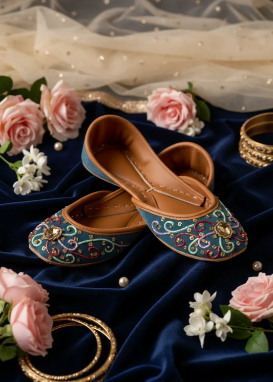 Ladies Steel Teal Velvet Khussa with Gold Embroidery Online in KSA Riyadh Saudi Arabia Oman Bahrain Qatar
