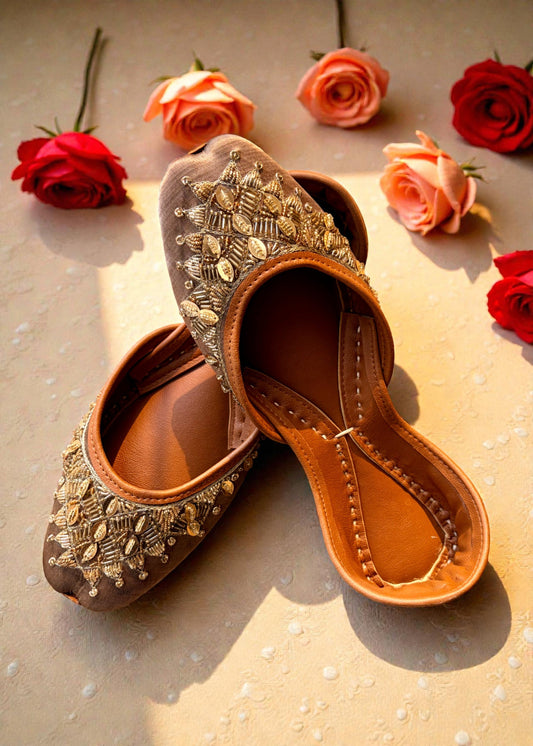 Ladies Stone Grey Gold Embellished Khussa Mojari Online in UK USA Canada