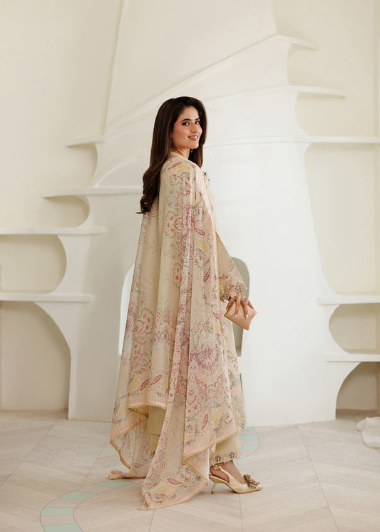 Ladies Summer Wear Cream Lawn Unstitched Suit Online in UK USA Canada
