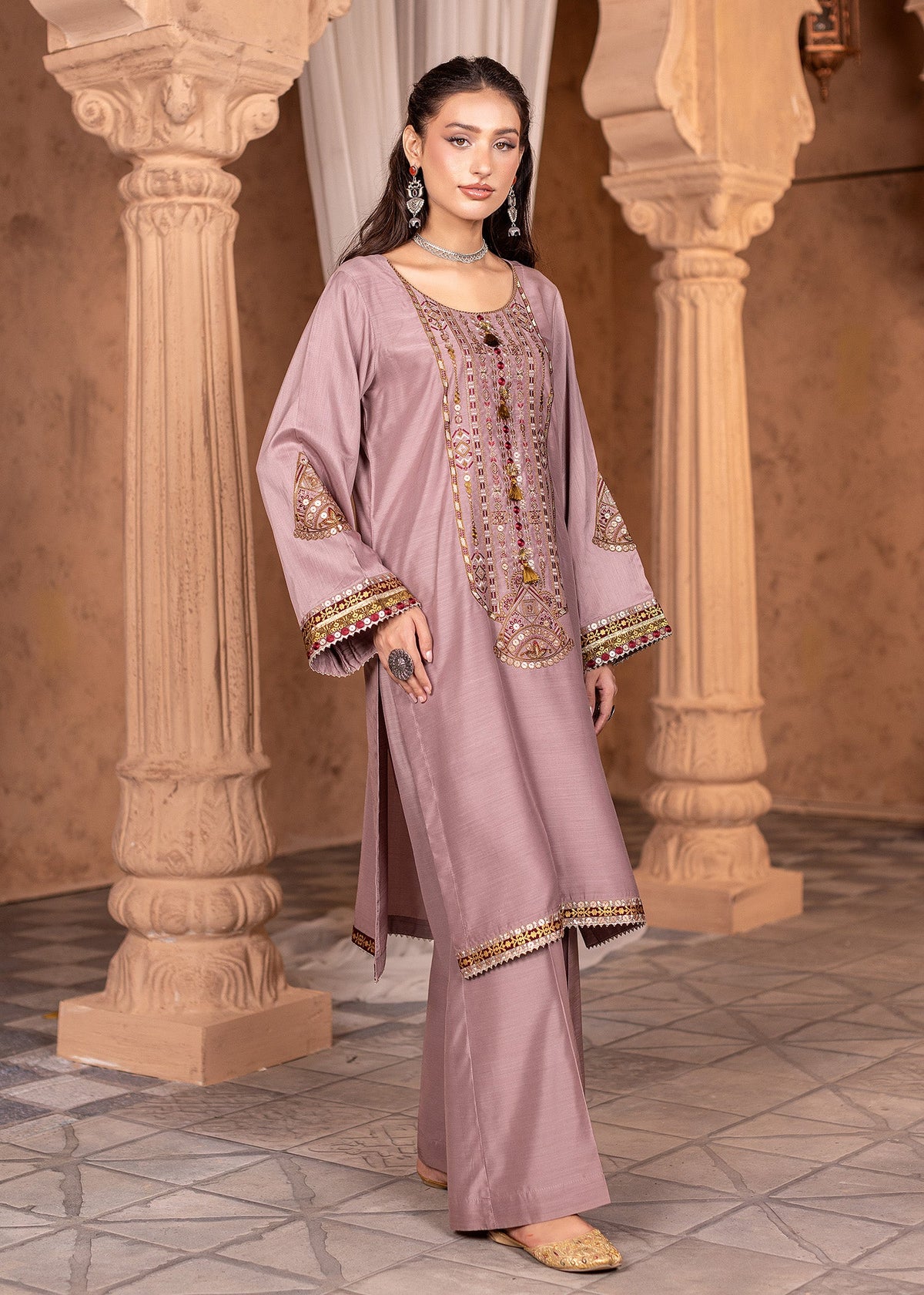 Ladies Tea Rose Pink Embroidered Viscose Shalwar Kameez Online in UK USA Canada