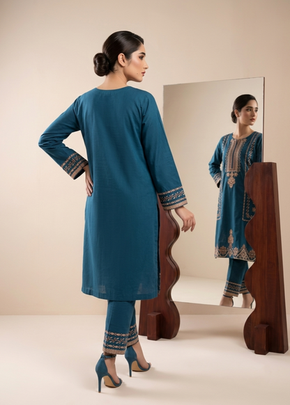 Ladies Teal Blue Embroidered Lawn Kurta Online in UK USA Canada