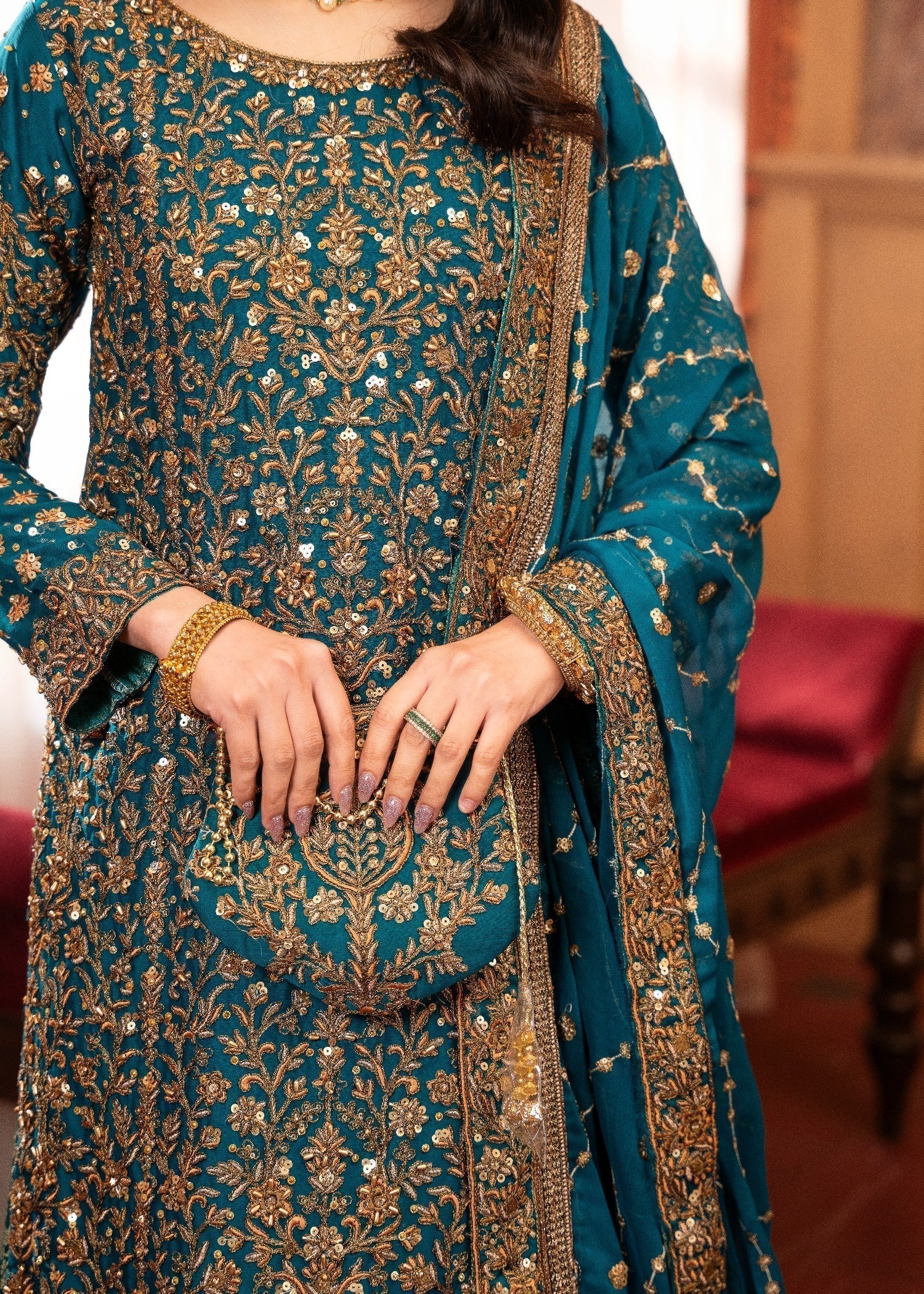 Ladies Teal Chiffon Lehenga Suit Online in UK USA Canada