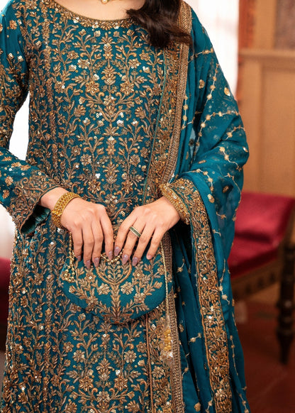 Ladies Teal Chiffon Lehenga Suit Online in UK USA Canada