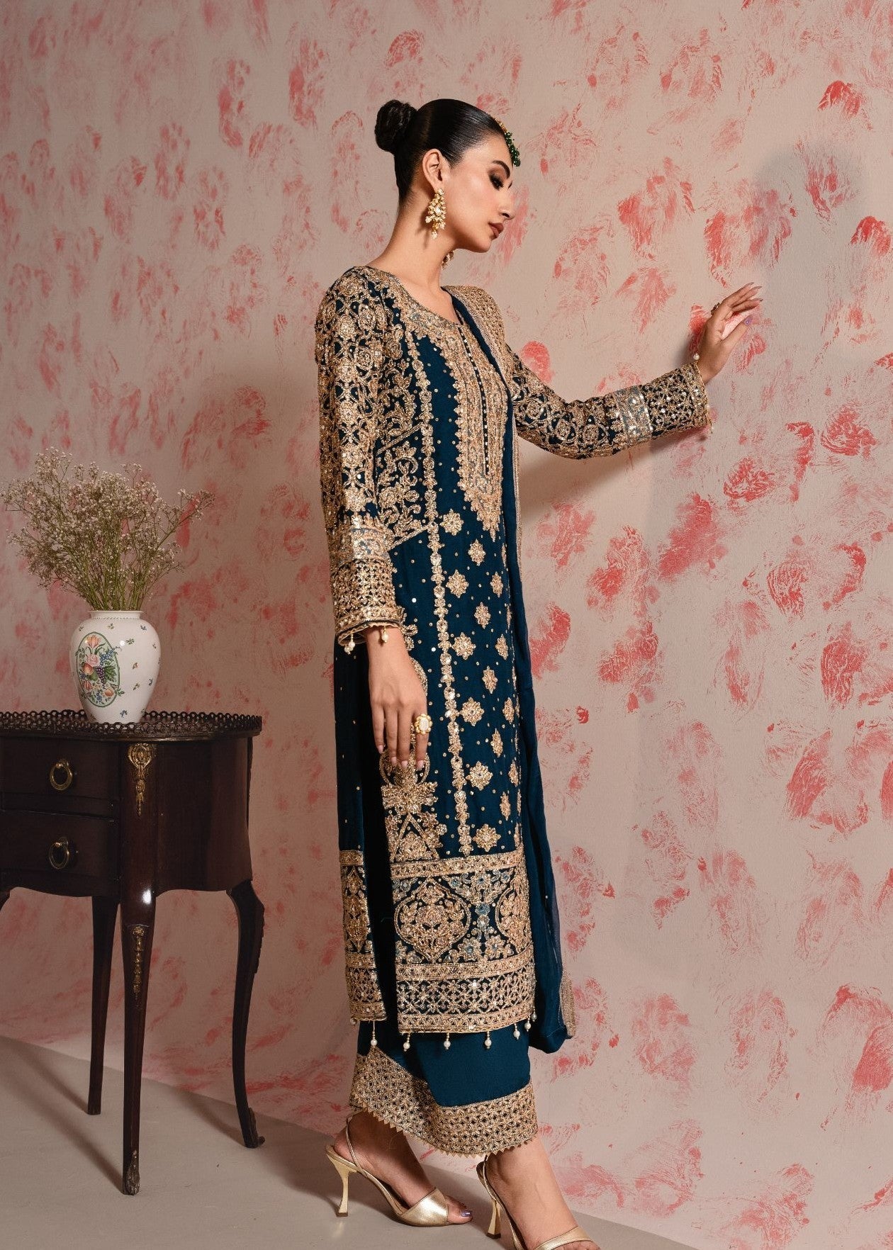 Ladies Teal Chiffon Partywear Salwar Kameez Online in UK USA Canada