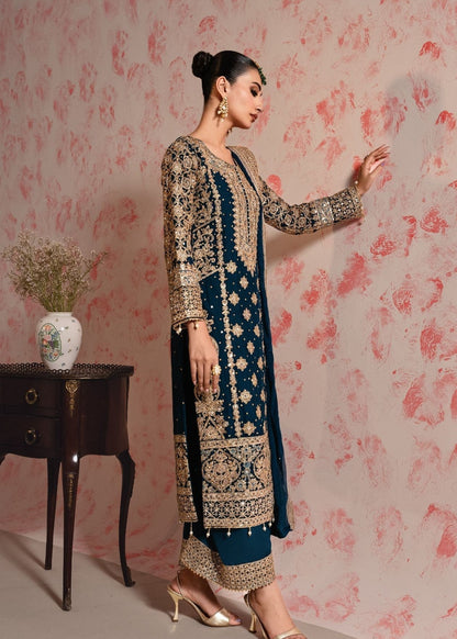Ladies Teal Chiffon Partywear Salwar Kameez Online in UK USA Canada