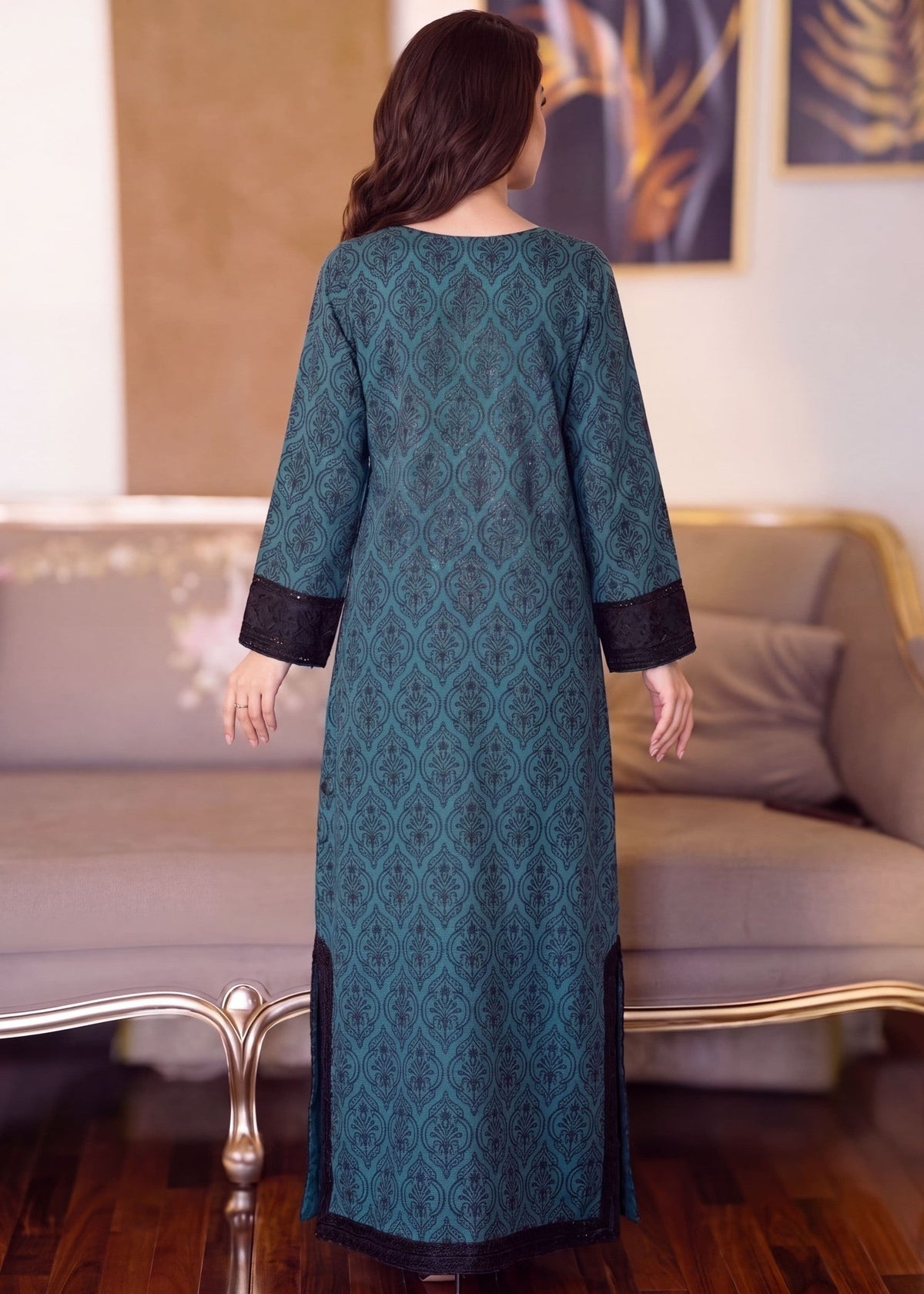 Ladies Teal Cotton Kaftan Online in KSA Riyadh Saudi Arabia Oman Bahrain Qatar
