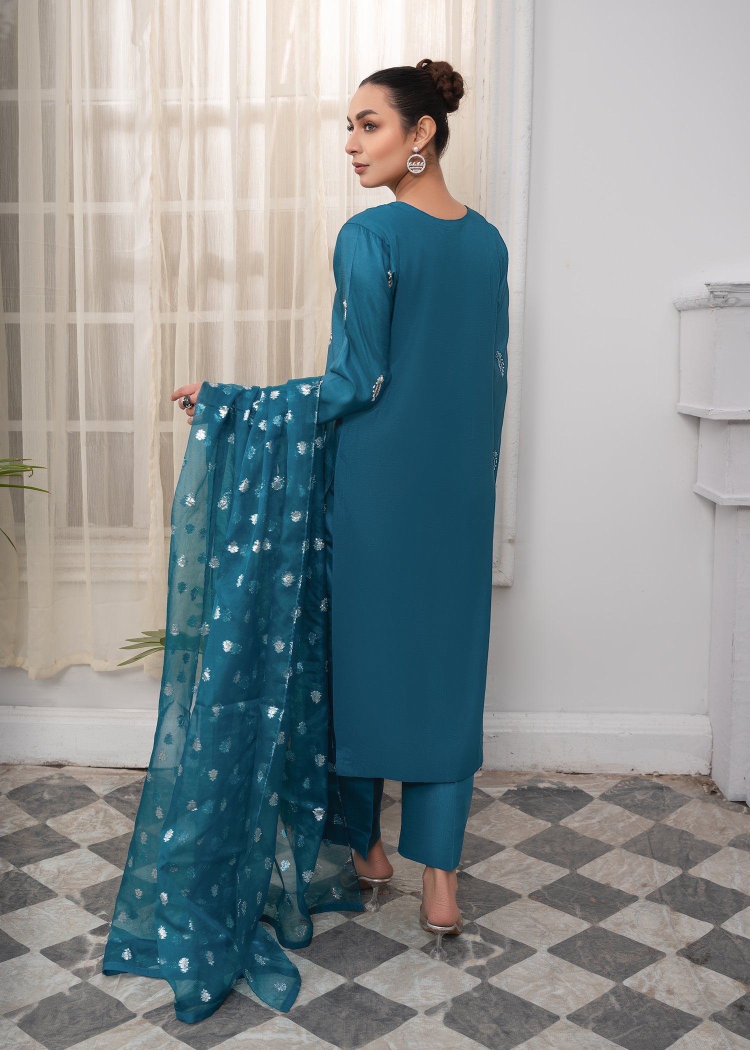 Ladies Teal Crystal Work Kattan Silk Suit Online in UK USA Canada