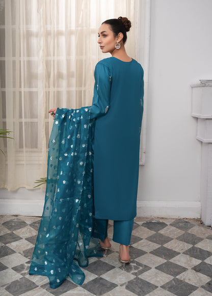 Ladies Teal Crystal Work Kattan Silk Suit Online in UK USA Canada