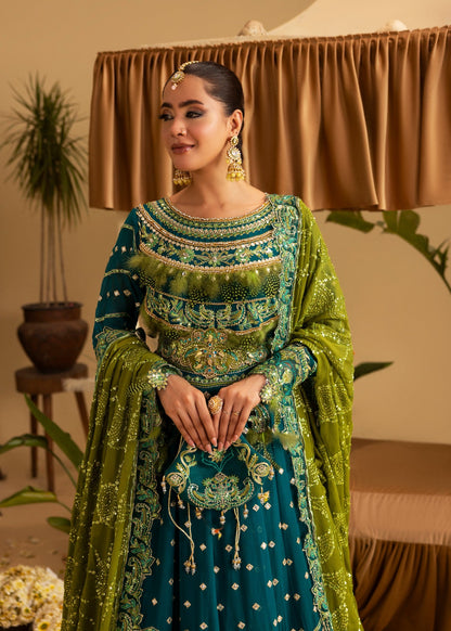Ladies Teal Embellished Chiffon Pakistani Suit Online in UK USA Canada