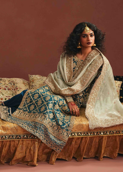 Ladies Teal Embellished Chiffon Shalwar Kameez Online in UK USA Canada