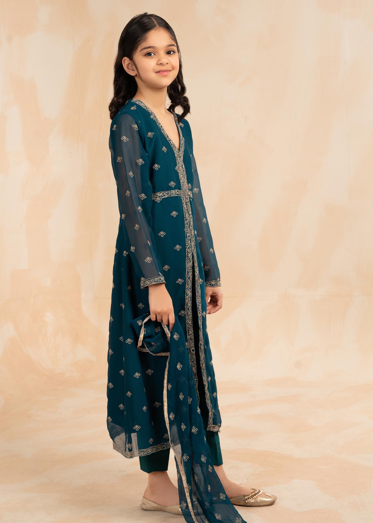 Ladies Teal Embellished Chiffon Suit Online in UK USA Canada