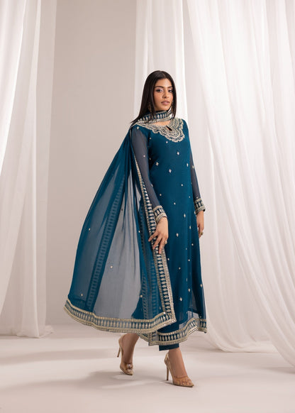Ladies Teal Embroidered Bemberg Crinkle Chiffon Salwar Kameez Online in UK USA Canada