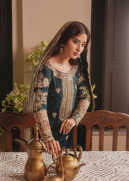 Ladies Teal Embroidered Chiffon Gharara Online in UK USA Canada