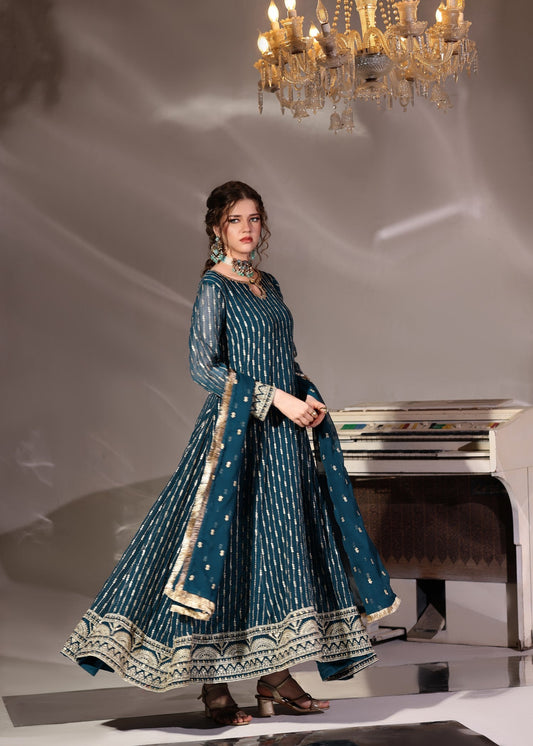 Ladies Teal Embroidered Chiffon Salwar Kameez Online in UK USA Canada