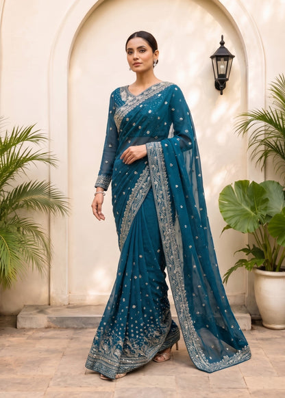 Ladies Teal Embroidered Chiffon Saree Online in UK USA Canada