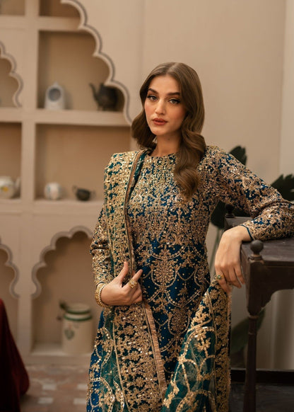 Ladies Teal Embroidered Chiffon Shalwar Kameez Online in UK USA Canada