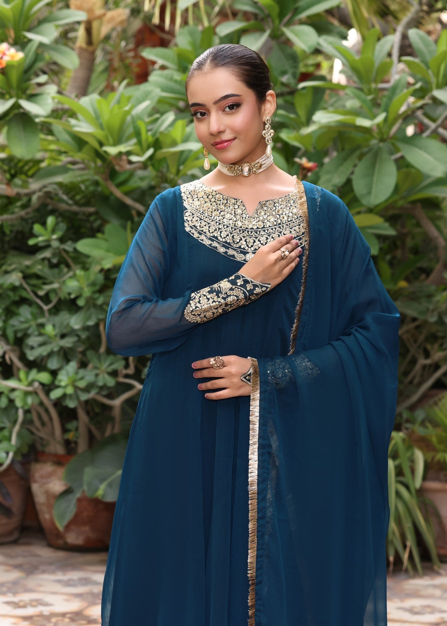 Ladies Teal Embroidered Chiffon Shalwar Kameez Online in UK USA Canada