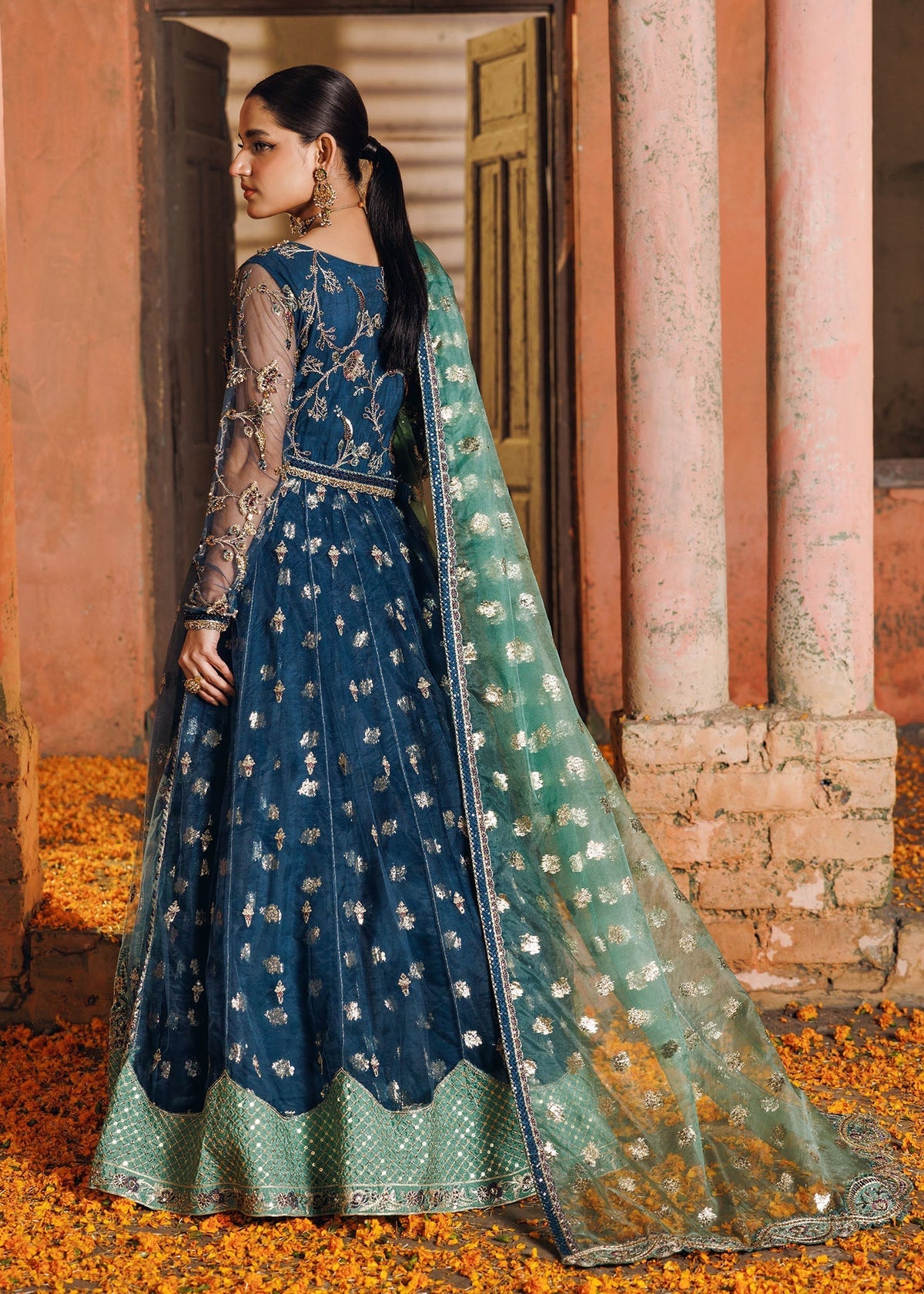 Ladies Teal Embroidered Net Maxi Suit Online in UK USA Canada
