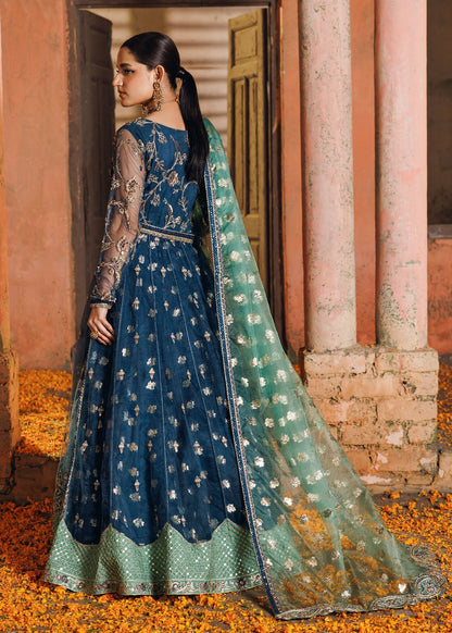Ladies Teal Embroidered Net Maxi Suit Online in UK USA Canada