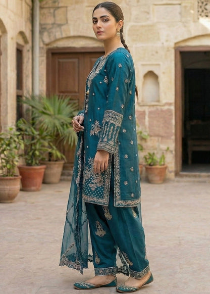 Ladies Teal Embroidered Raw Silk Party Wear Suit Online in Sri Lanka India Australia