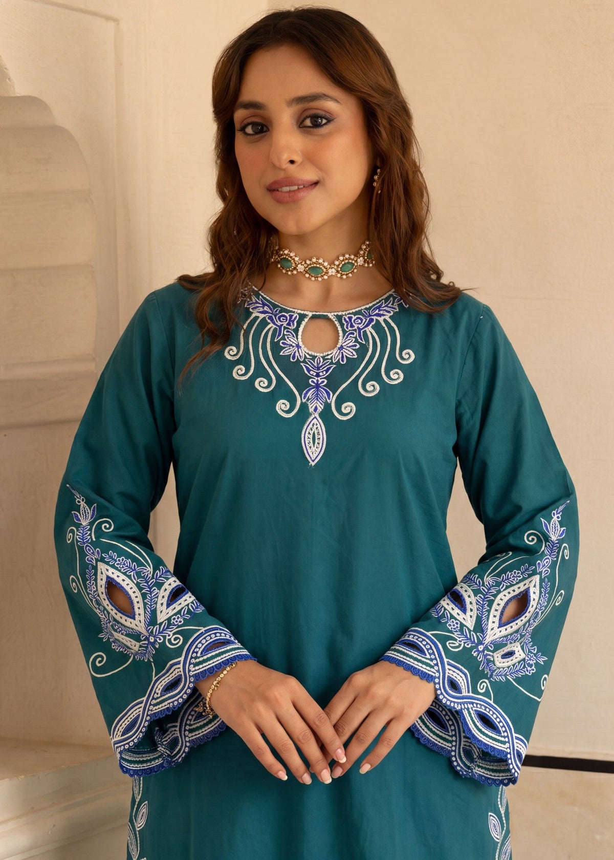 Ladies Teal Embroidered Shalwar Kameez Online in UK USA Canada