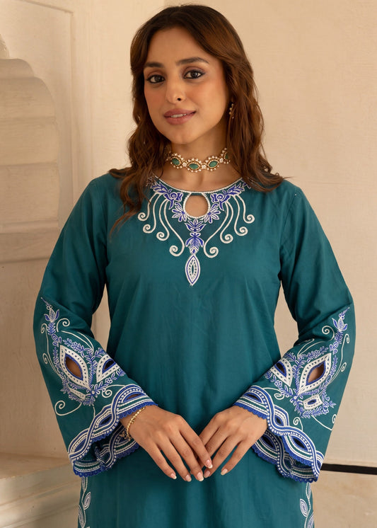 Ladies Teal Embroidered Shalwar Kameez Online in UK USA Canada