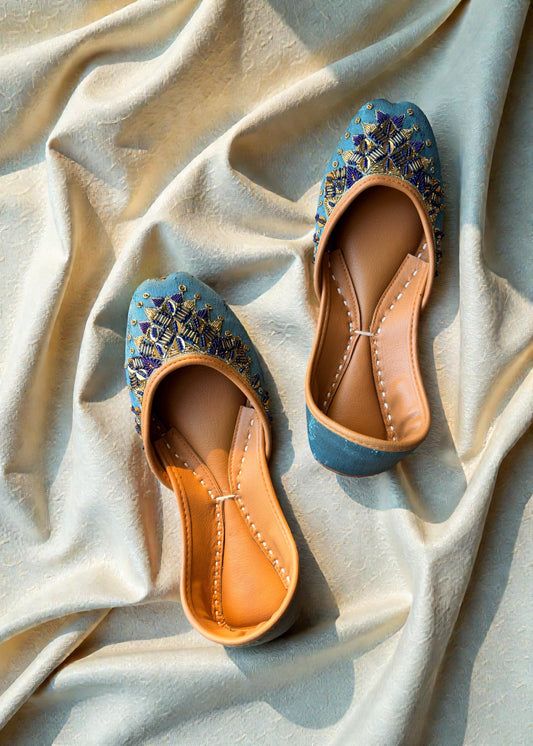 Ladies Teal Ethnic Shoes with Sapphire Embroidery Online in UK USA Canada