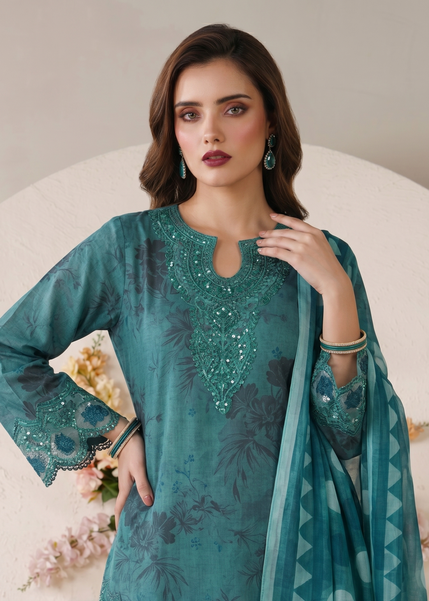 Ladies Teal Flared Gharara Lawn Festive Suit Online in UK USA Canada