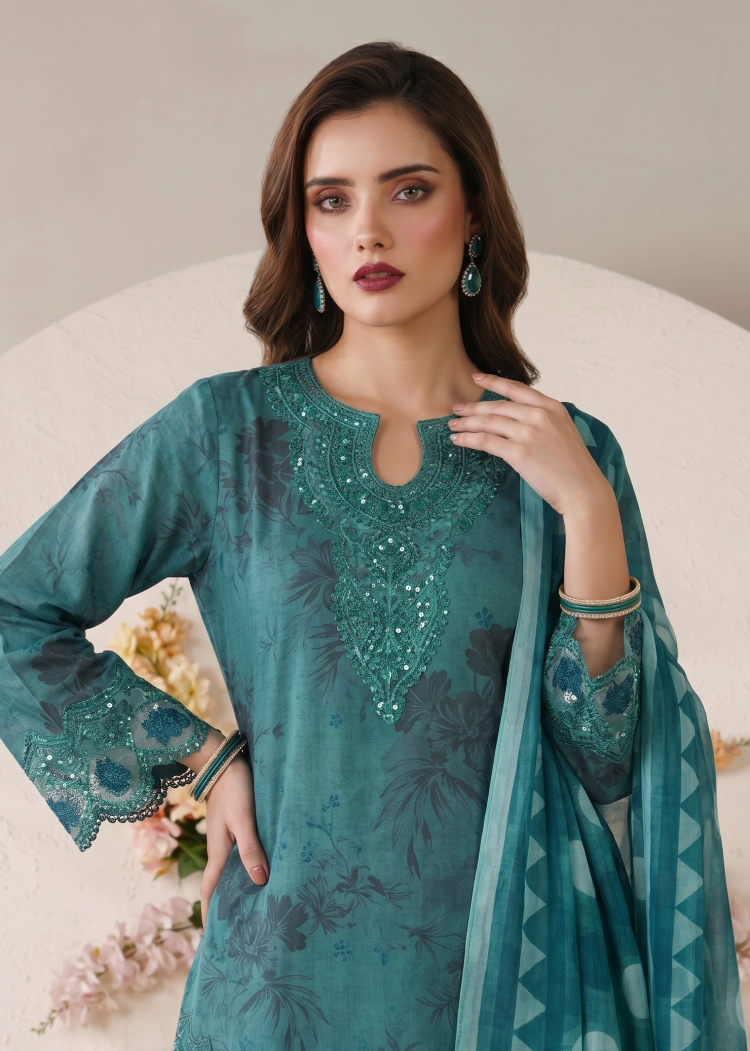 Ladies Teal Flared Gharara Lawn Festive Suit Online in UK USA Canada