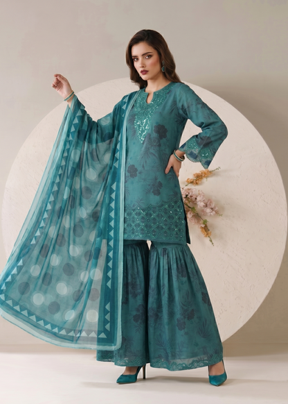 Ladies Teal Flared Gharara Suit with Silk Dupatta Online in UK USA Canada