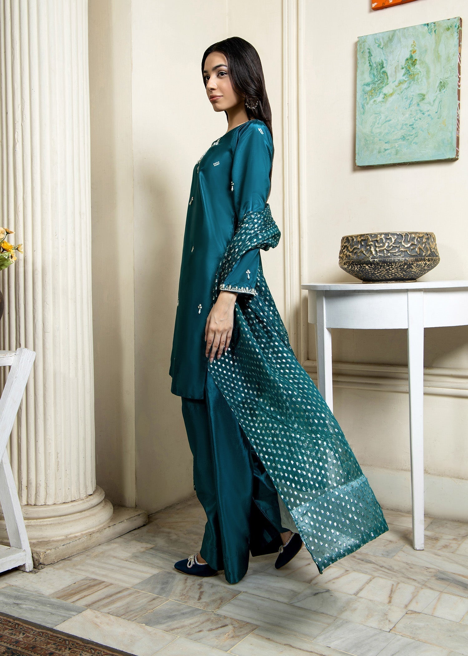Ladies Teal Kattan Silk Festive Wear Salwar Kameez Online in UK USA Canada