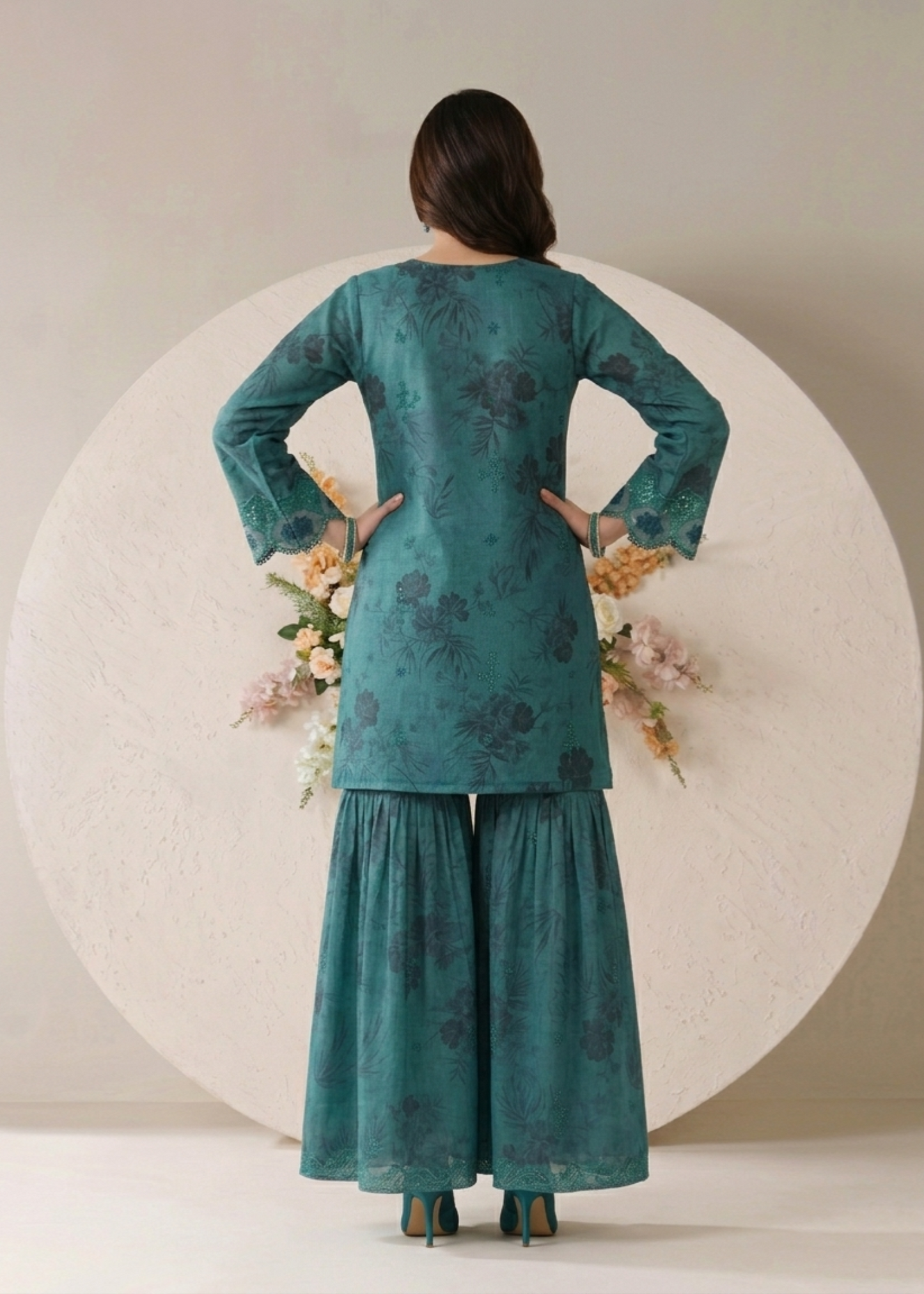 Ladies Teal Lawn Gharara with Silk Dupatta Online in UK USA Canada