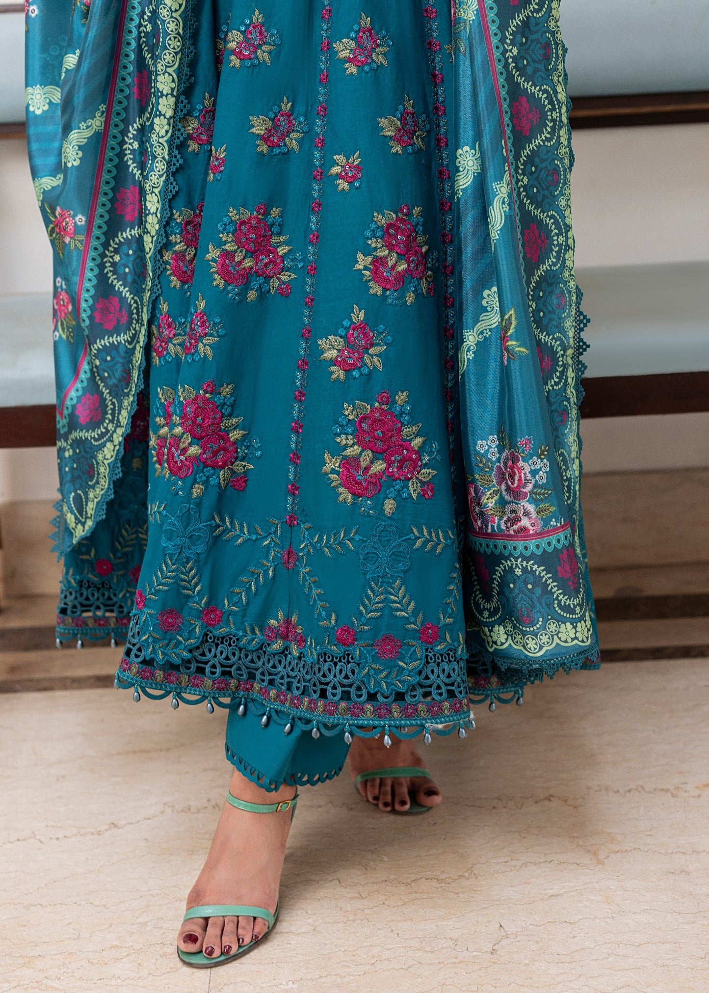 Ladies Teal Lawn Printed 3 Piece Festive Suit Online in KSA Riyadh Saudi Arabia Oman Bahrain Qatar