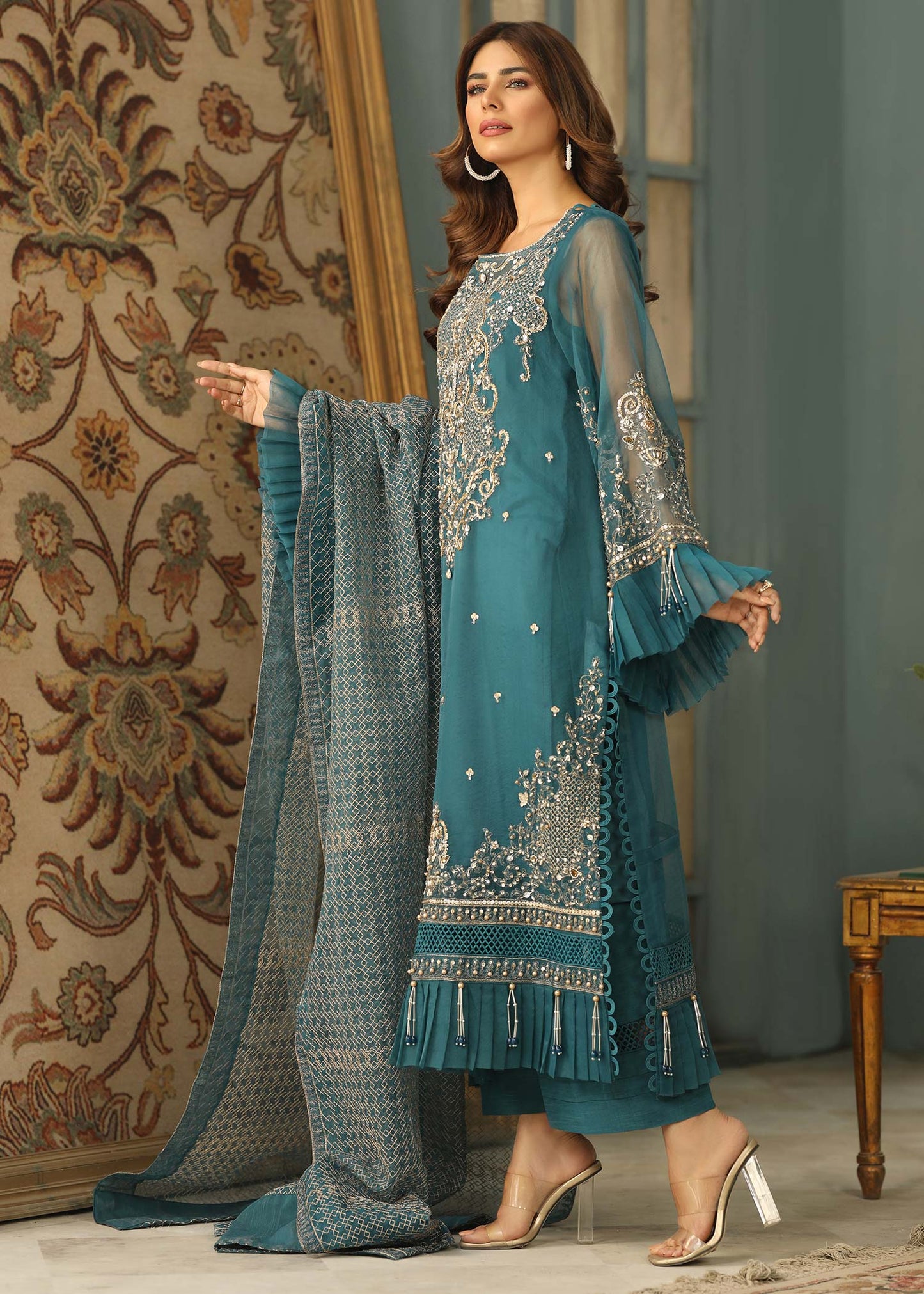 Ladies Teal Organza Designer Suit Online in UK USA Canada
