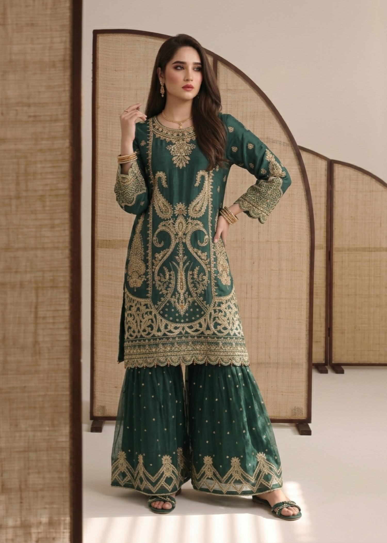 Ladies Teal Organza Flared Gharara Online in UK USA Canada