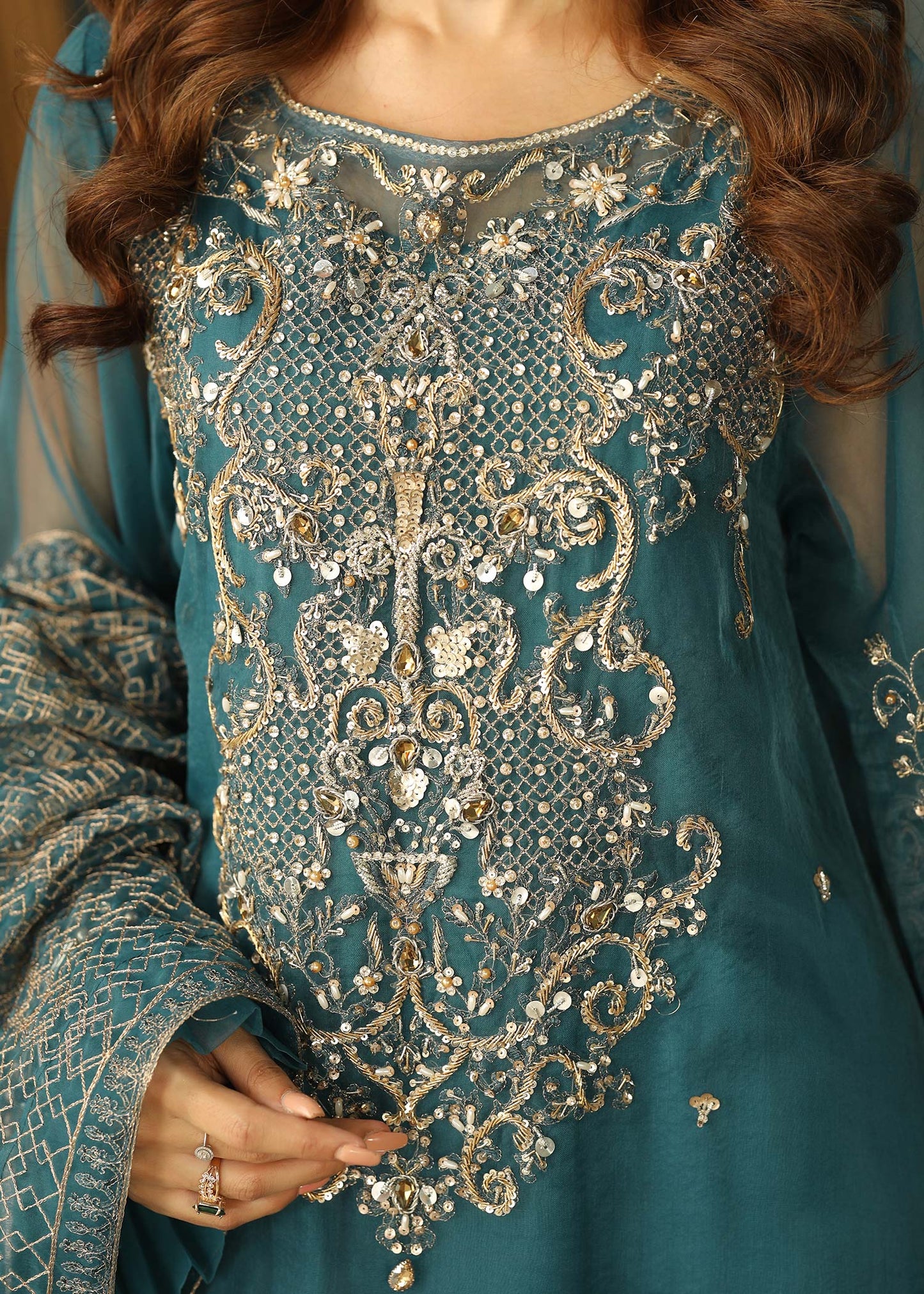 Ladies Teal Organza Shalwar Kameez Online in UK USA Canada