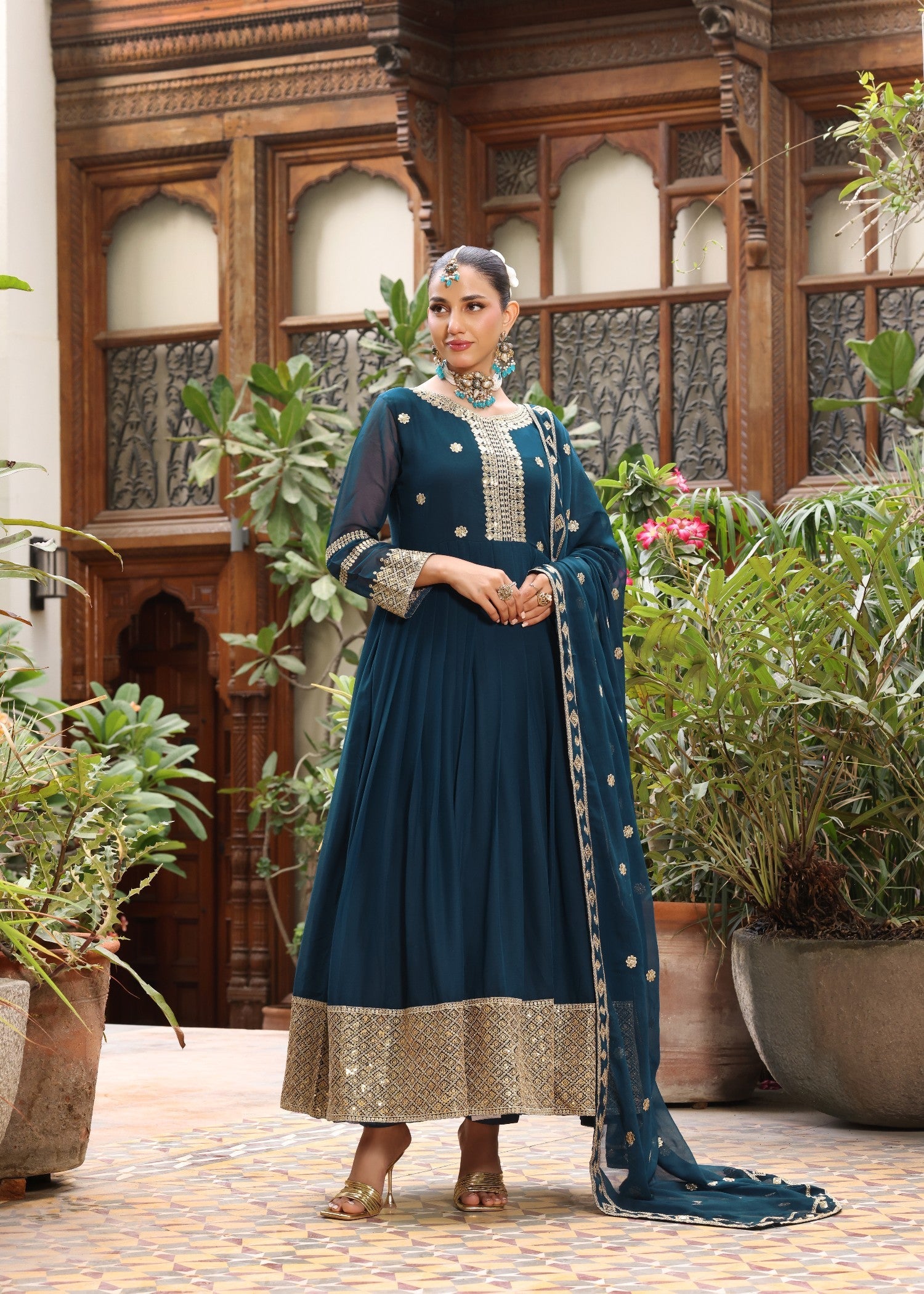 Ladies Teal Pishwas with Crepe Trouser Online in UK USA Canada