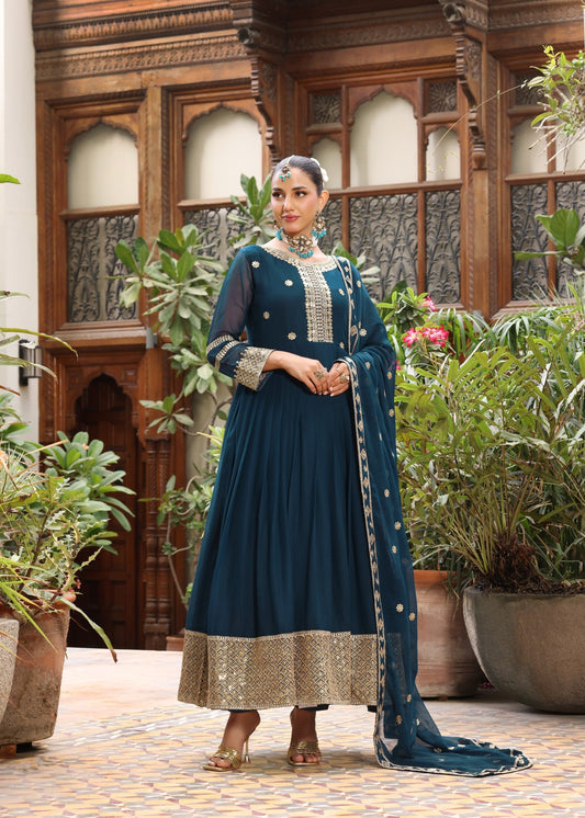 Ladies Teal Pishwas with Crepe Trouser Online in UK USA Canada