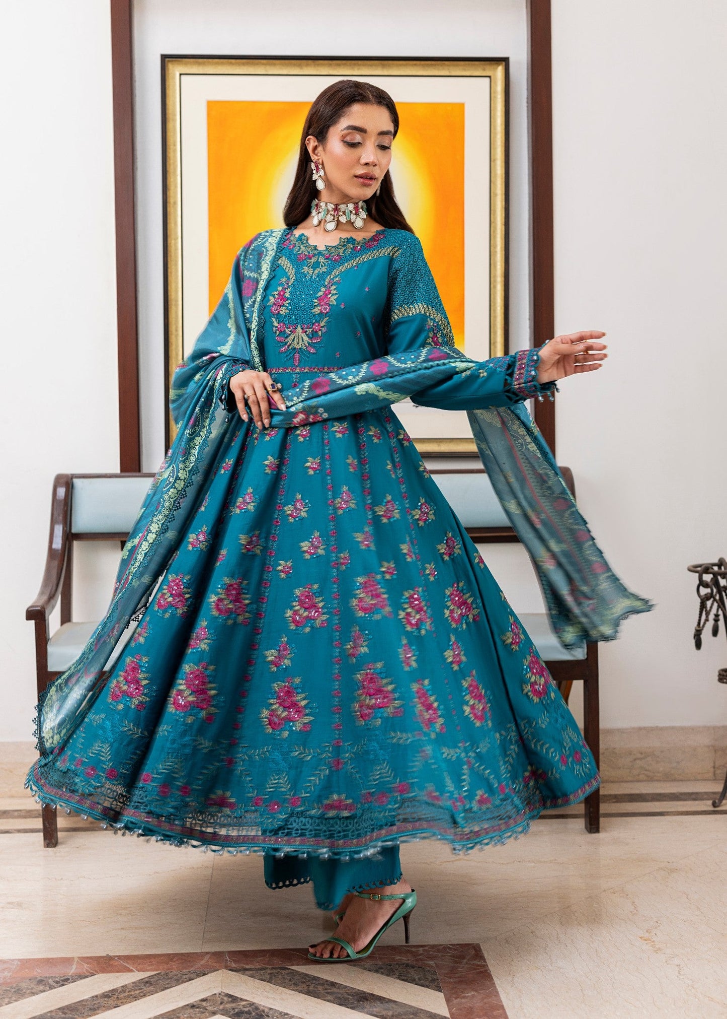 Ladies Teal Printed Lawn 3 Piece Suit Online in UK USA Canada