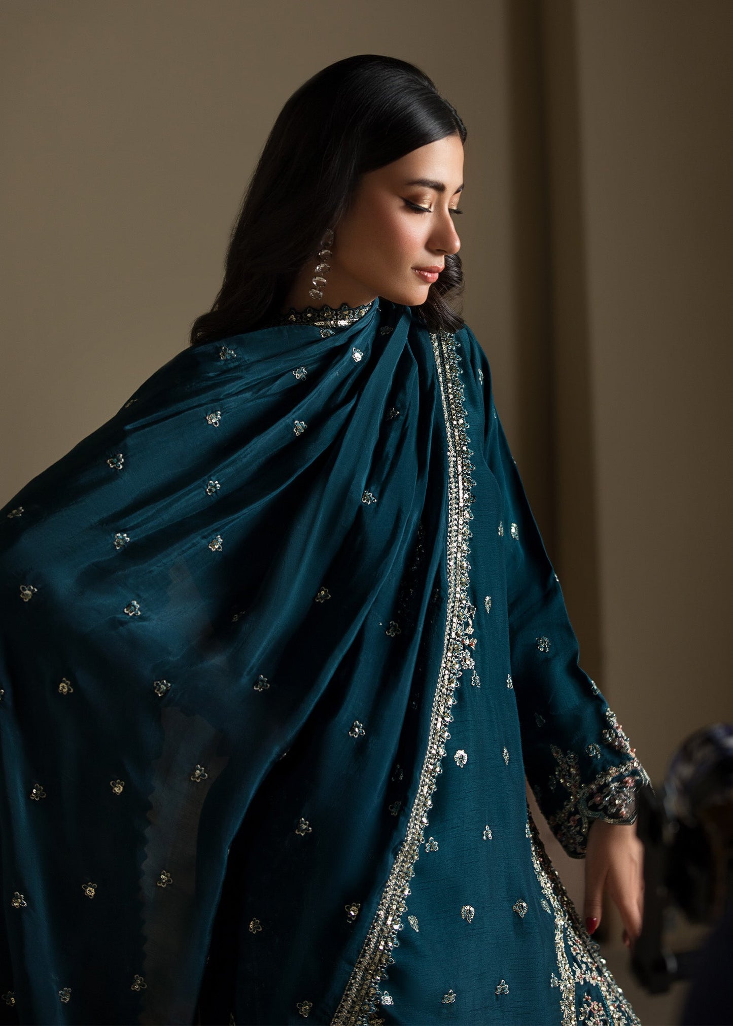 Ladies Teal Raw Silk Designer Suit Online in UK USA Canada