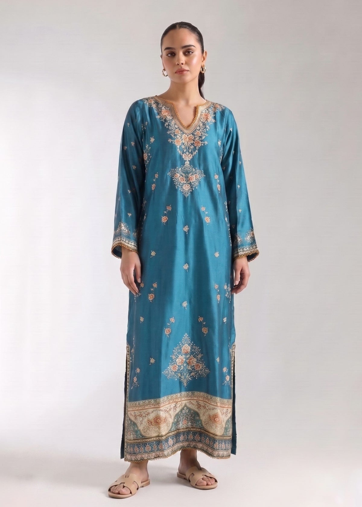 Ladies Teal Silk Printed Kaftan Online in KSA Riyadh Saudi Arabia Oman Bahrain Qatar