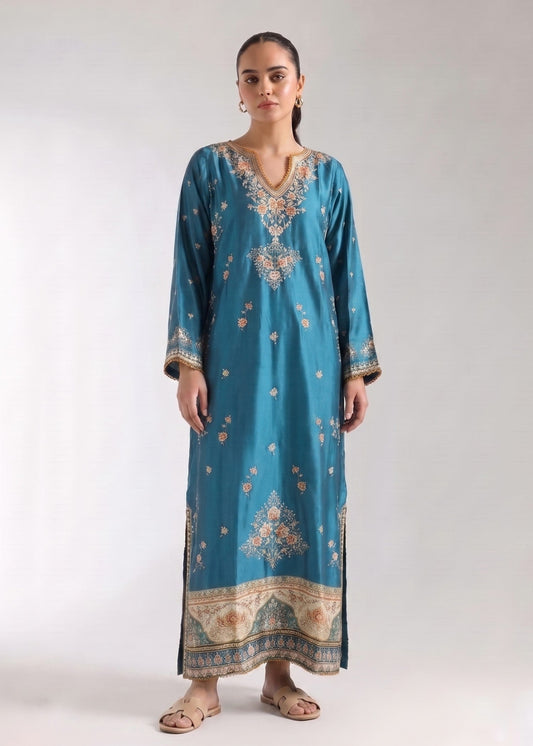 Ladies Teal Silk Printed Kaftan Online in KSA Riyadh Saudi Arabia Oman Bahrain Qatar