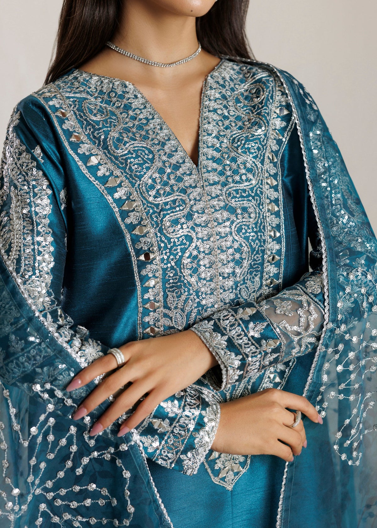 Ladies Twilight Blue Embroidered Raw Silk Shalwar Kameez Online in UK USA Canada