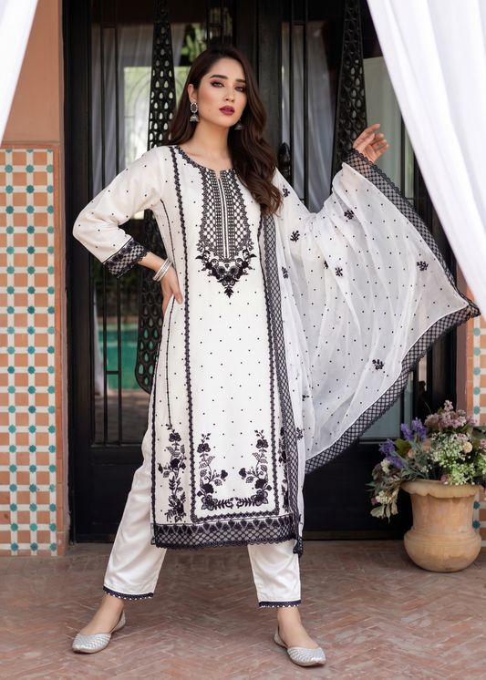 Ladies White Embroidered Chiffon Festive Suit Online in UK USA Canada