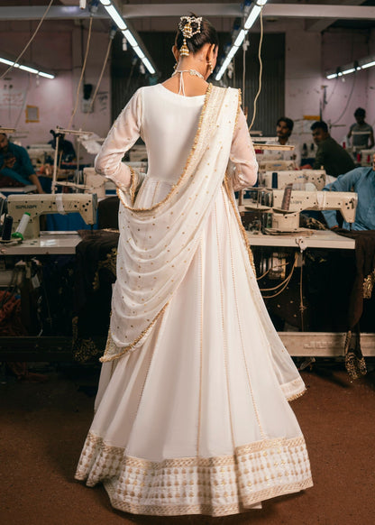 Ladies White Embroidered Chiffon Salwar Suit Online in UK USA Canada