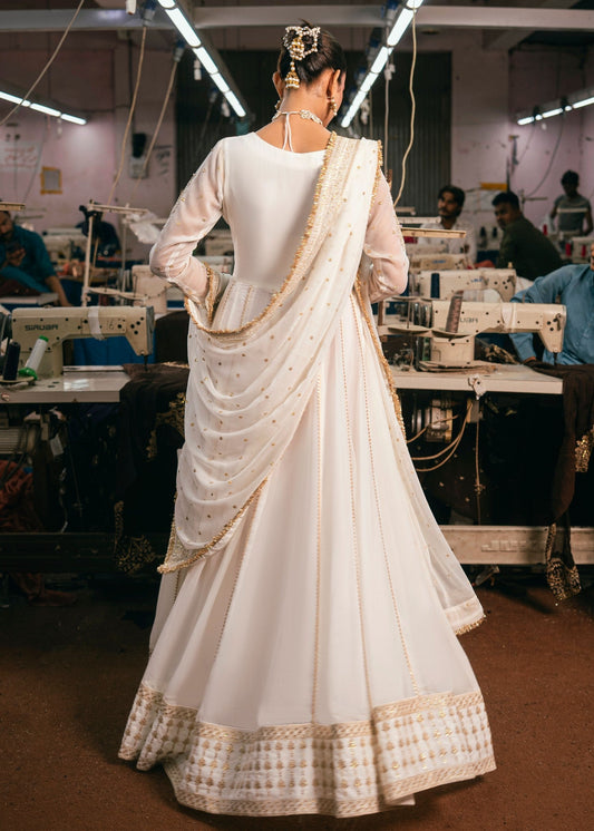 Ladies White Embroidered Chiffon Salwar Suit Online in UK USA Canada