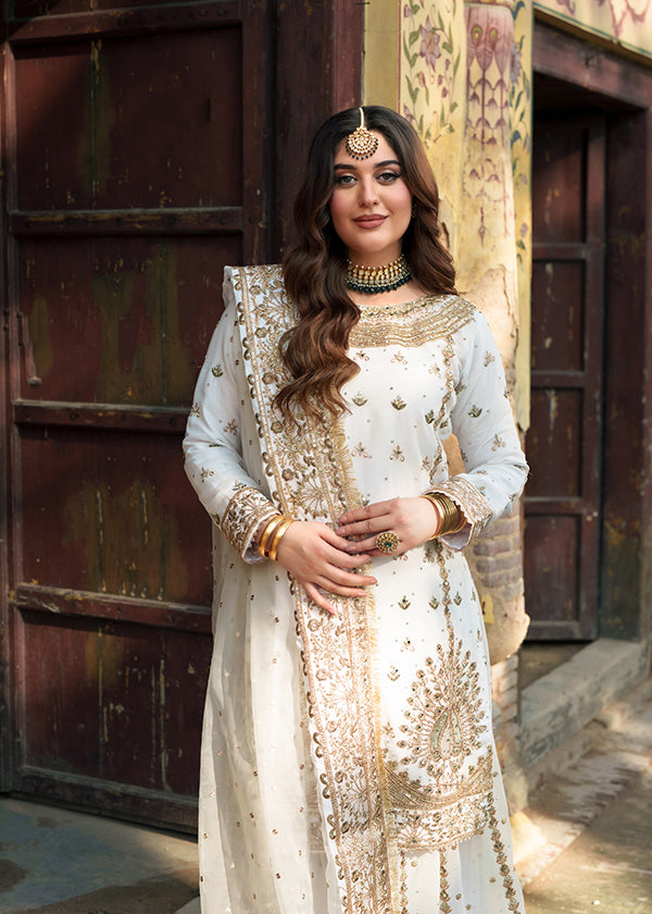 Ladies White Embroidered Chiffon Suit Online in UK USA Canada
