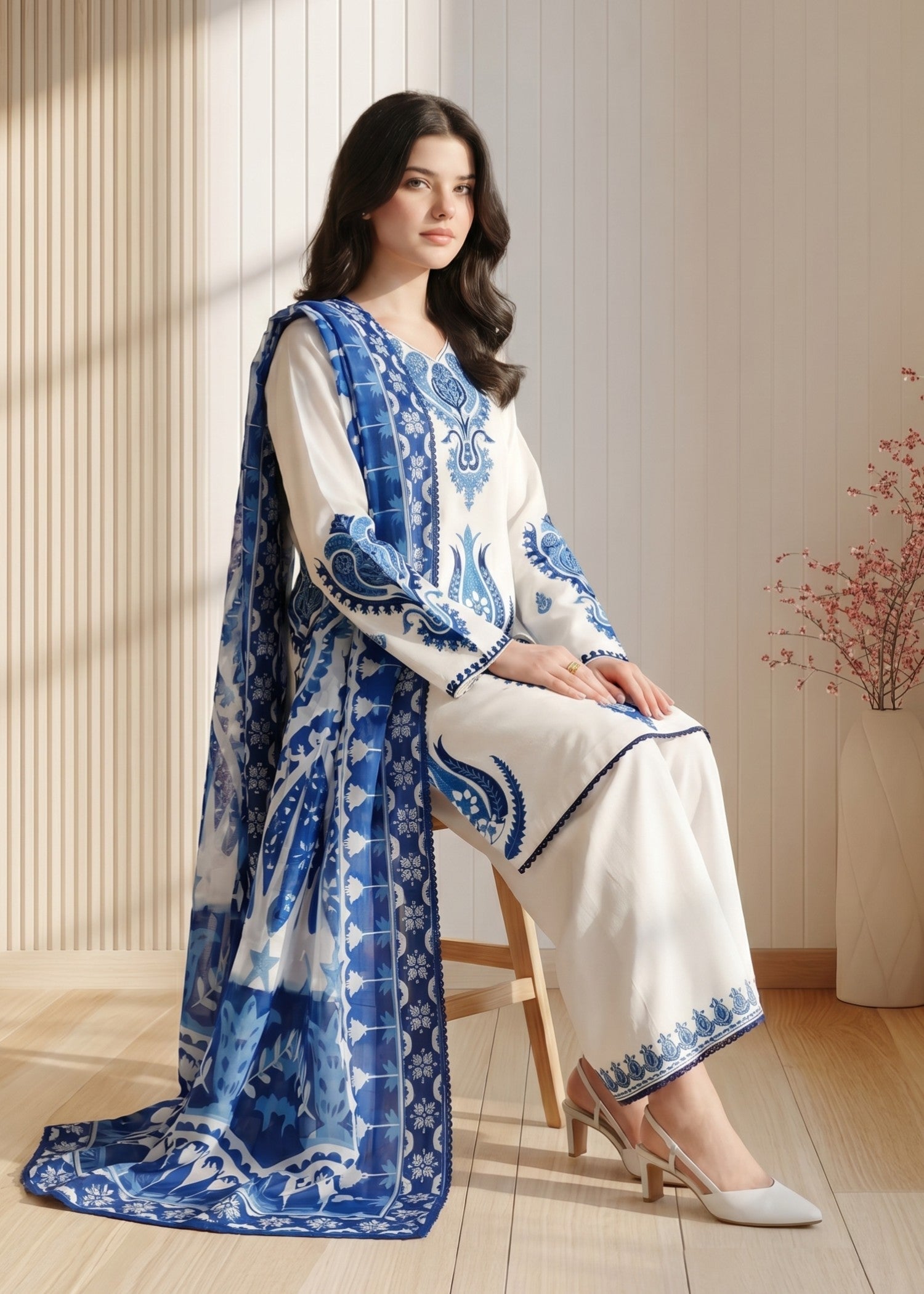 Ladies White Embroidered Cotton Salwar Kameez Online in UK USA Canada