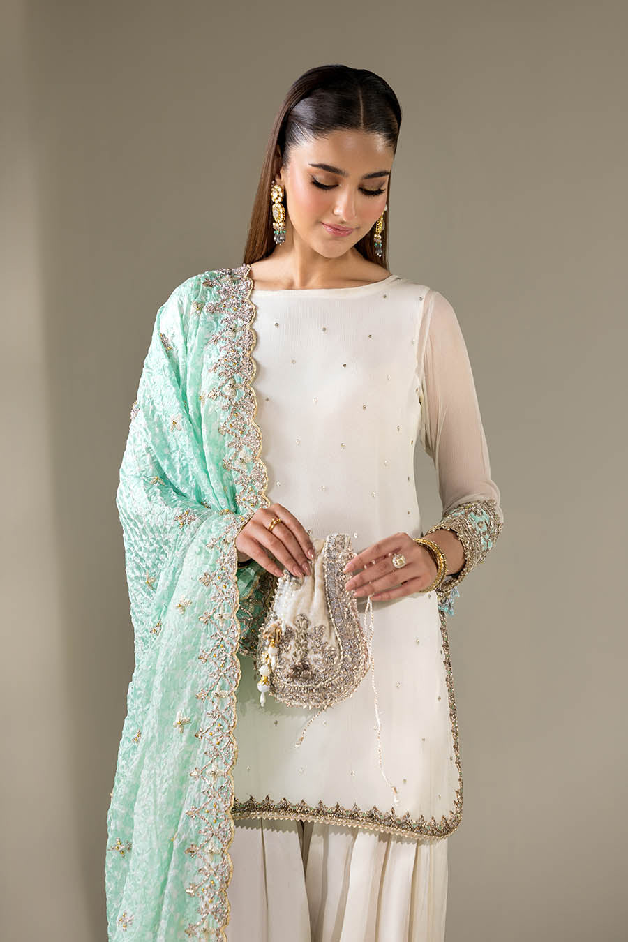 Ladies White Embroidered Crinkle Chiffon Shalwar Kameez Online in UK USA Canada