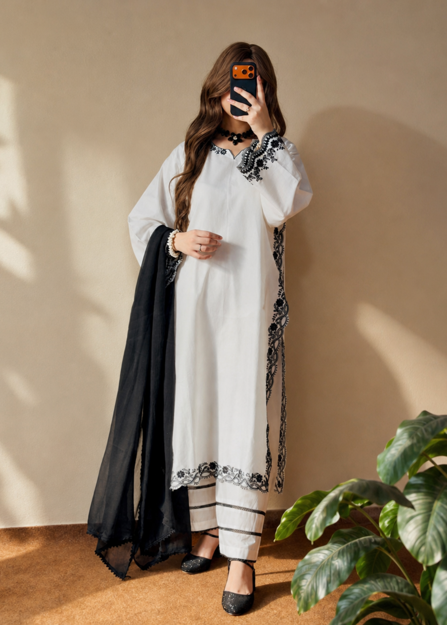 Ladies White Embroidered Lawn Kurta Set Online in UK USA Canada